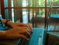 Business woman hands typing  keyboard on laptop working with blank screen on desk in cafe Royalty Free Stock Photo