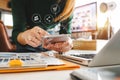 Business woman hand working with laptop computer, tablet and smart phone Royalty Free Stock Photo