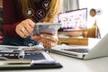 Business woman hand working with laptop computer, tablet and smart phone Royalty Free Stock Photo