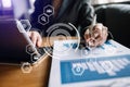 .business woman hand working with laptop computer, tablet and smart phone in office with digital marketing media Royalty Free Stock Photo