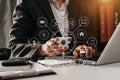 .business woman hand working with laptop computer, tablet and smart phone in office with digital marketing media Royalty Free Stock Photo