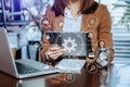 Business woman hand working with laptop computer, tablet and smart phone in office with digital marketing media  in virtual icon Royalty Free Stock Photo