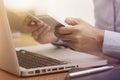 Business woman hands holding credit card and using mobile smart phone Royalty Free Stock Photo