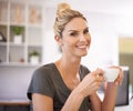 Business woman, happy and coffee cup in office for break with career planning or project startup. Face or portrait of a Royalty Free Stock Photo