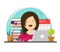 Business woman happy working on office work place vector illustration, flat cartoon female person sitting on table