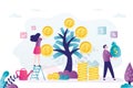 Business woman harvesting from money tree. Male character carries bag of money Royalty Free Stock Photo