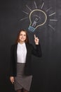 A business woman has a great idea and raises her finger up pointing to a lightbulb on the board. Royalty Free Stock Photo