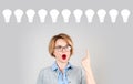 Business woman has an idea. Brainstorm. Idea concept with Light bulbs Royalty Free Stock Photo