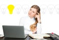 Business woman has an idea. Brainstorm and Light bulbs Royalty Free Stock Photo