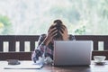 Business Woman Having Headache While Working Using Laptop Computer. Stressed And Depressed Girl Touching Her Head, Work Failure Royalty Free Stock Photo