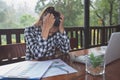 Business Woman Having Headache While Working Using Laptop Computer. Stressed And Depressed Girl Touching Her Head, Feeling Pain Royalty Free Stock Photo