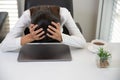 Business Woman Having Headache While Working Using Laptop Computer. Stressed And Depressed Girl Touching Her Head, Feeling Pain Royalty Free Stock Photo