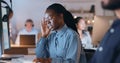 Business woman, headache and call center stress, pain or frustrated on computer with sales fail, crisis or bad news Royalty Free Stock Photo