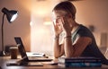 Business woman, headache and computer work at night in a office with project report stress. Working in dark, anxiety and Royalty Free Stock Photo