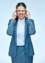 Business woman with headache isolated portrait. Business suit.