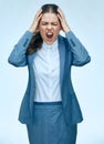 Business woman with headache isolated portrait. Business suit