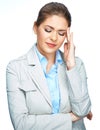 Business woman headache portrait with closed eyes on white bkg