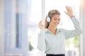 Business woman, headphones and dance in office, relax or celebrate success. Female entrepreneur, ceo and lady with