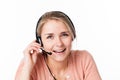 Business woman with headset operating welcoming phone Royalty Free Stock Photo