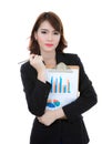 Business woman hold clipboard paper with finance chart isolated