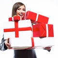 Business woman hold gift box. White background isolated Royalty Free Stock Photo