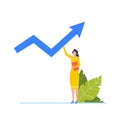 Business Woman Hold Huge Rising Arrow. Female Character Move to Success on Growing Arrow Chart, Leadership, Market