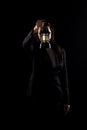 Business Woman hold light lamp lantern as lead the way out of problem, idea solution creativity inspire innovation success glowing Royalty Free Stock Photo