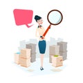 Business Woman Hold Magnifying Glass Stacked Paper Document Paperwork Search