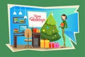 Business Woman Hold Present Box Gift Merry Christmas And Happy New Year Celebration Office Interior Royalty Free Stock Photo