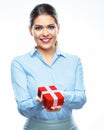 Business woman hold red gift box. White background Royalty Free Stock Photo
