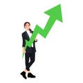 Business Woman holding a arrow. Green growing graph