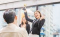 Business woman holding award trophy at meeting room, Celebration success happiness team concept Royalty Free Stock Photo