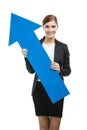 Business woman holding a blue arrow Royalty Free Stock Photo