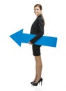 Business woman holding a blue arrow Royalty Free Stock Photo