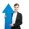 Business woman holding a blue arrow Royalty Free Stock Photo