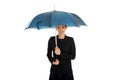 Business woman is holding blue umbrella. Royalty Free Stock Photo