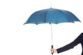 Business woman is holding blue umbrella. Royalty Free Stock Photo