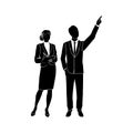 Business woman holding clipboard and writing. Businessman, manager points forward finger. Vector illustration black on white