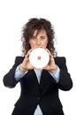 Business woman holding a dvd disc Royalty Free Stock Photo