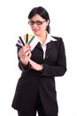 Business woman holding a few business cards Royalty Free Stock Photo