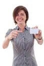 Business woman holding her visiting card Royalty Free Stock Photo