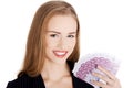 Business woman holding money- euro currency. Royalty Free Stock Photo