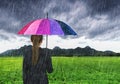 Business woman holding multicolored umbrella with falling rain a Royalty Free Stock Photo