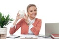 Business woman is holding piggy bank. Saving concept Royalty Free Stock Photo