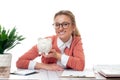 Business woman is holding piggy bank. Saving concept Royalty Free Stock Photo