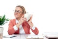 Business woman is holding piggy bank. Saving concept Royalty Free Stock Photo