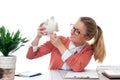 Business woman is holding piggy bank. Saving concept Royalty Free Stock Photo