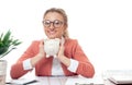 Business woman is holding piggy bank. Saving concept Royalty Free Stock Photo