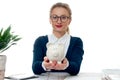 Business woman is holding piggy bank. Saving concept Royalty Free Stock Photo