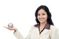 Business woman holding puzzle globe Royalty Free Stock Photo